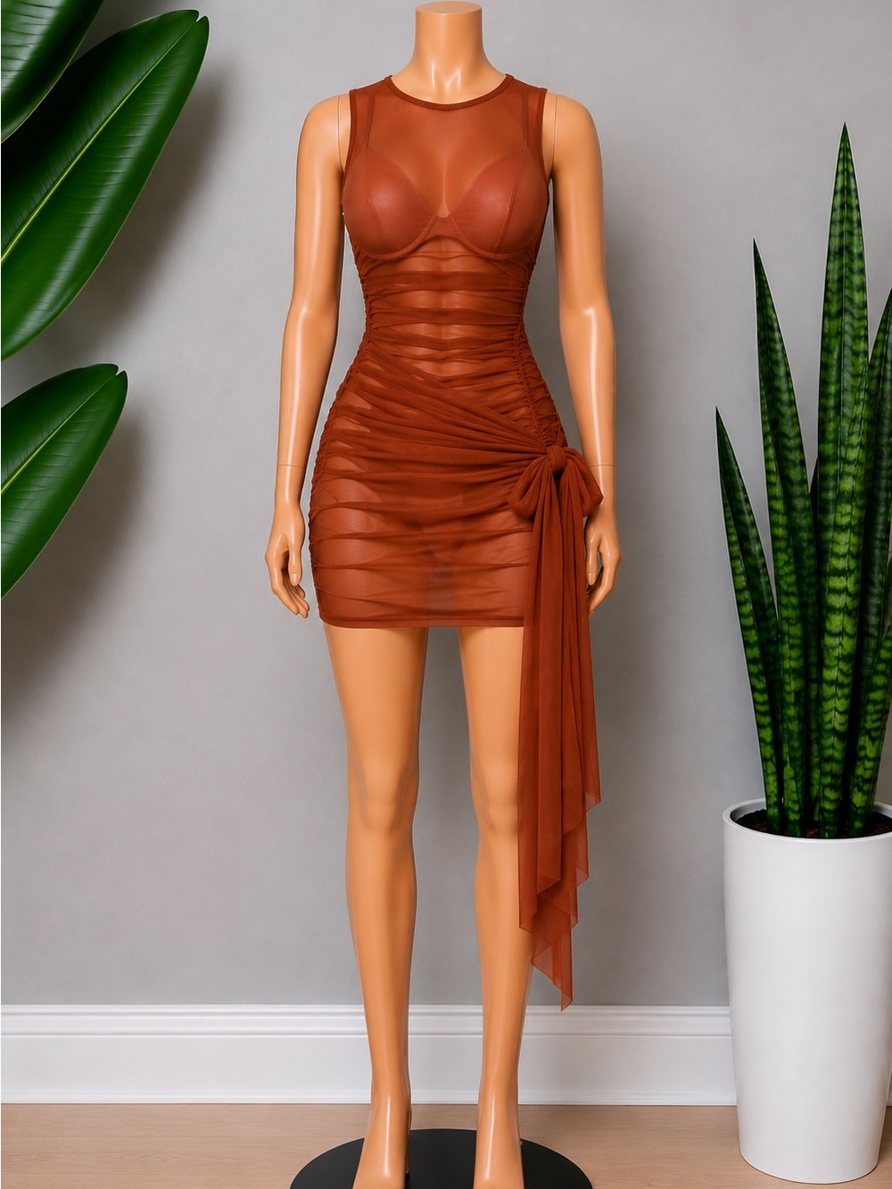 Sheer Rust Bodycon Dress with Draped Front Ties